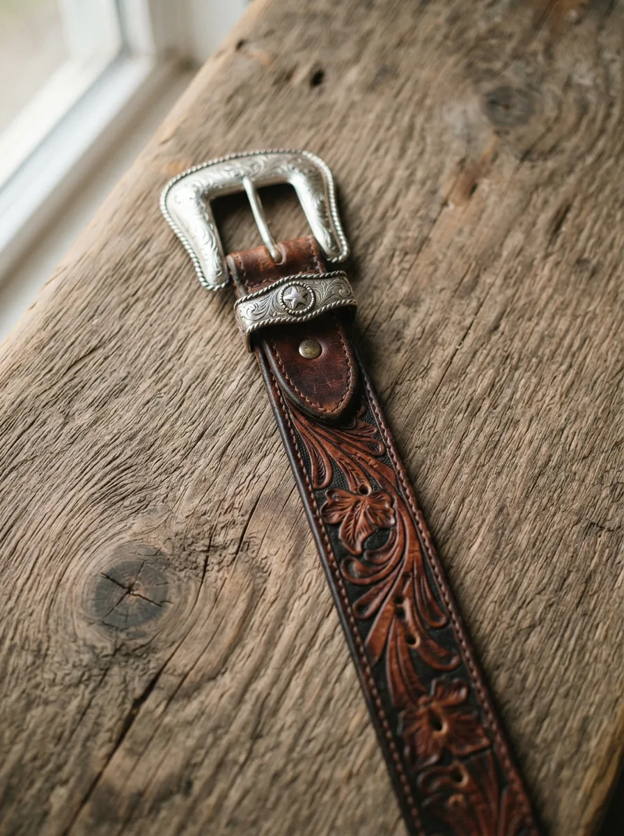 A detailed close-up of a tooled leather belt with a silver concho buckle, showcasing intricate floral patterns against a warm brown leather background.