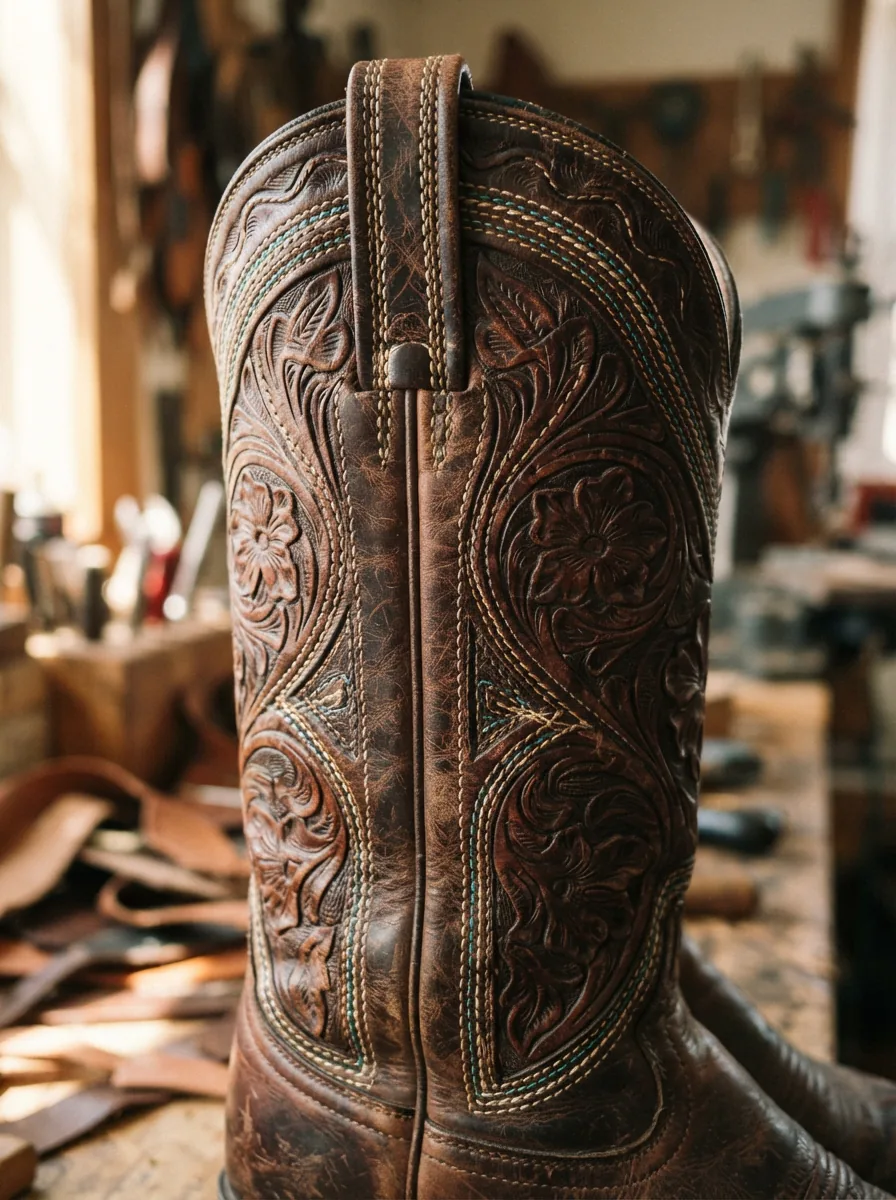 Close-up detail of hand-stitched leather on a Larry Mahan vintage boot shaft.