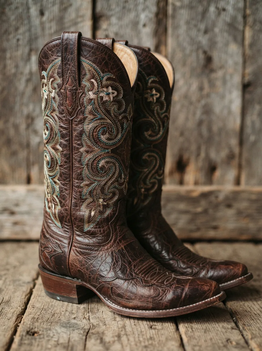A close-up of the detailed stitching and exotic leather texture on a pair of tall Larry Mahan shoulder boots.
