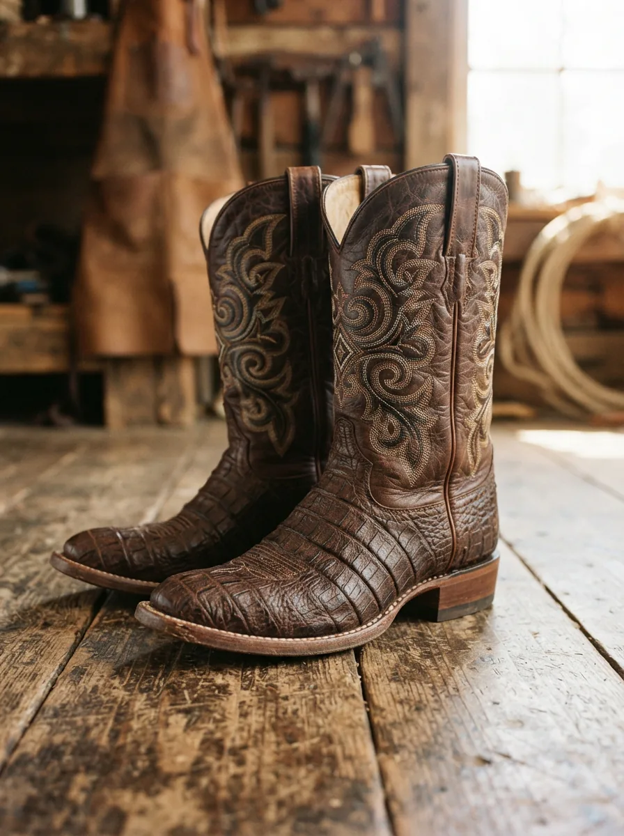 A close-up shot of a pair of handcrafted Larry Mahan cowboy boots with intricate stitching and exotic leather, resting on a rustic wooden floor.