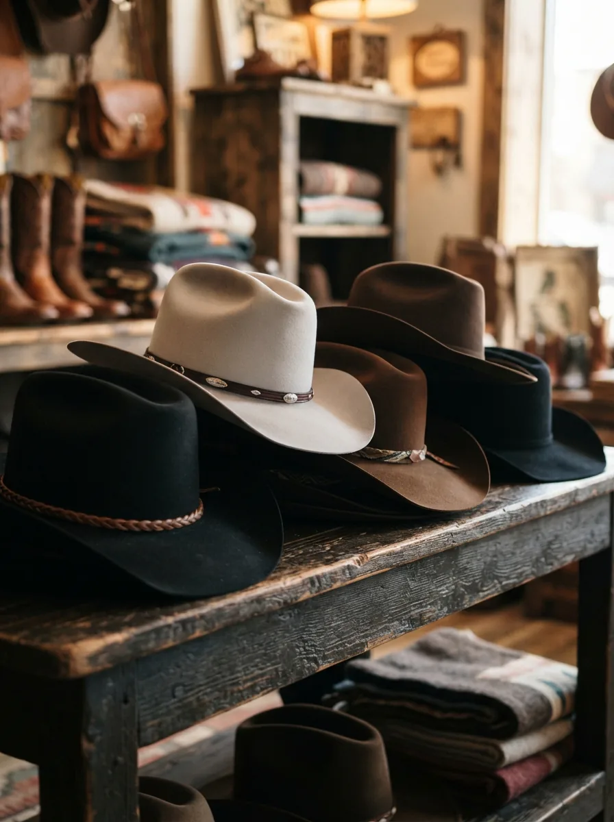 A close-up display of Larry Mahan 30X fur felt western hats on a wooden shelf, showcasing various colors and crown styles under warm, focused lighting.
