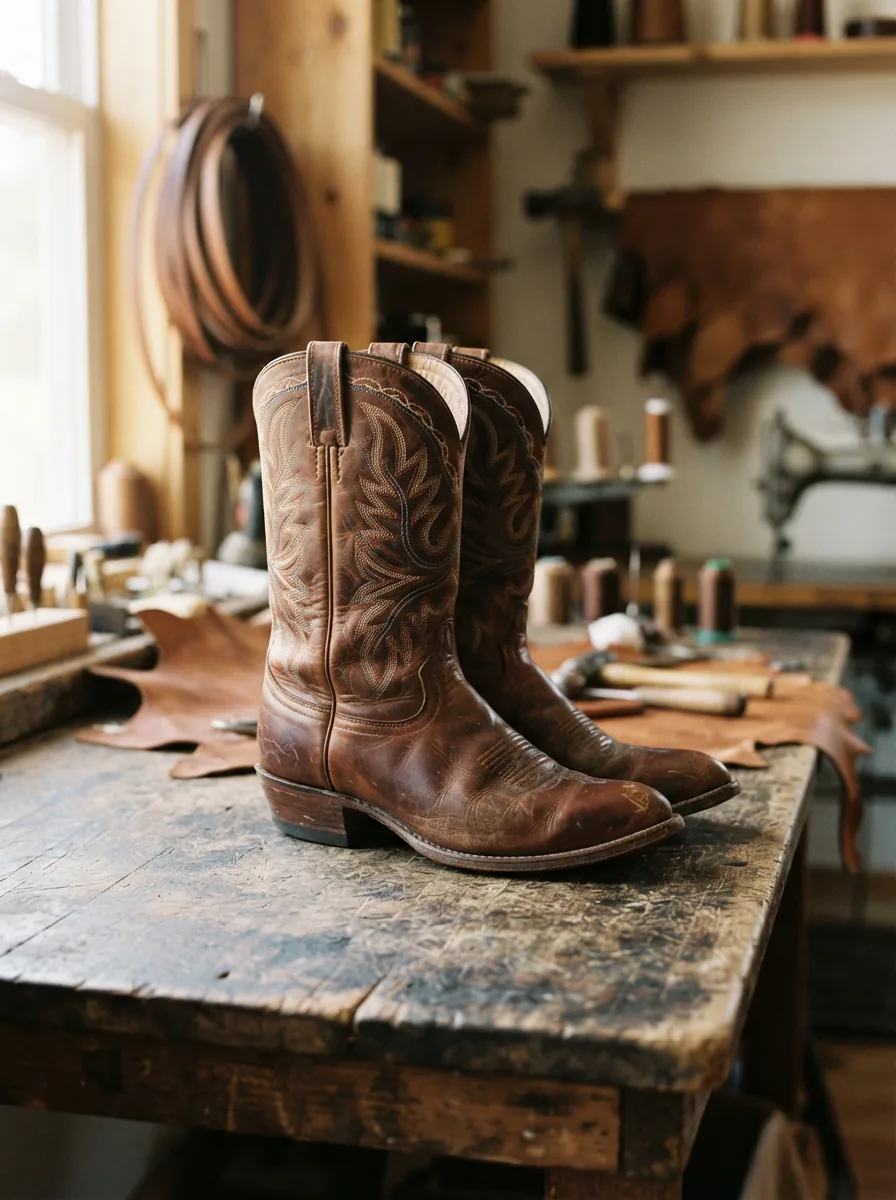 A pair of brown leather Larry Mahan cowboy boots displayed on a weathered wooden bench.