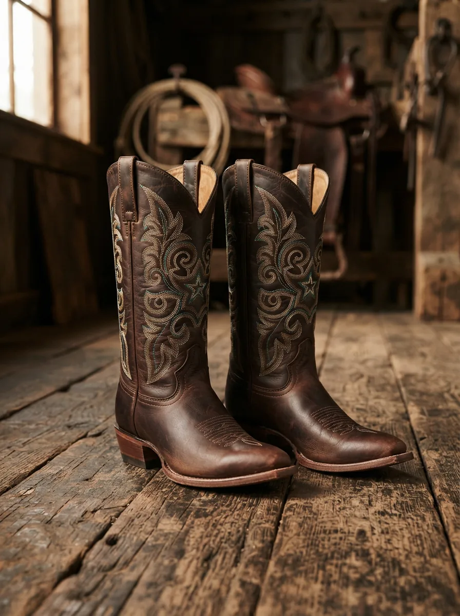 A detailed close-up of a pair of men's Larry Mahan cowboy boots, showcasing intricate stitching and rich leather texture on a rustic wooden surface.