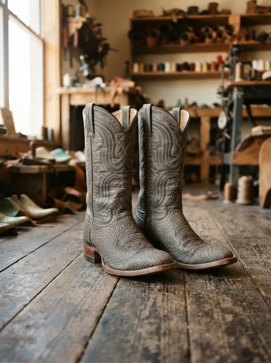 A pair of rugged Larry Mahan Western boots crafted from textured elephant hide, standing upright on weathered wooden planks in a workshop setting with soft, natural light.