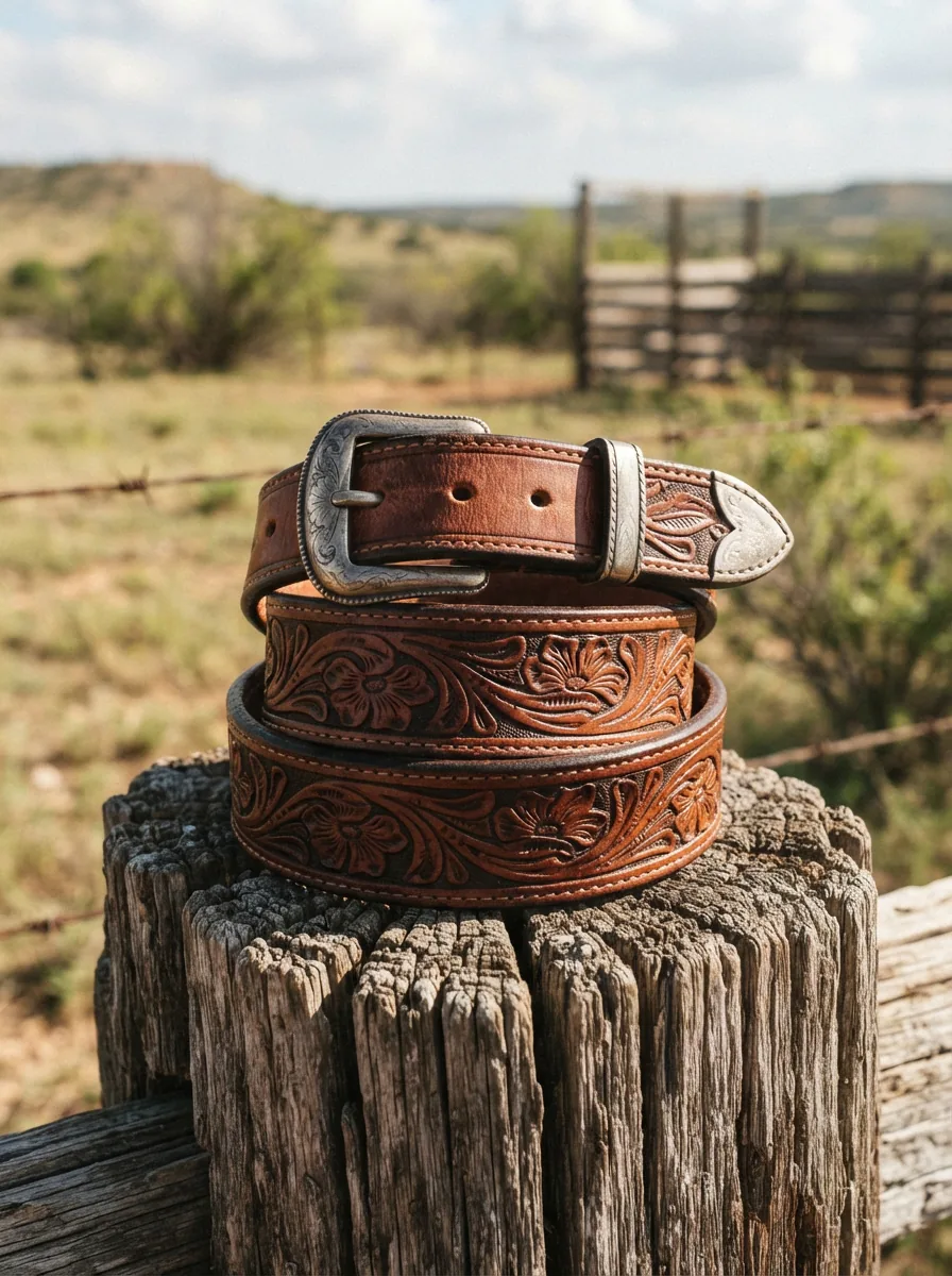 A detailed close-up of a brown leather Larry Mahan belt with intricate tooling, coiled on a rustic wooden surface under natural light.