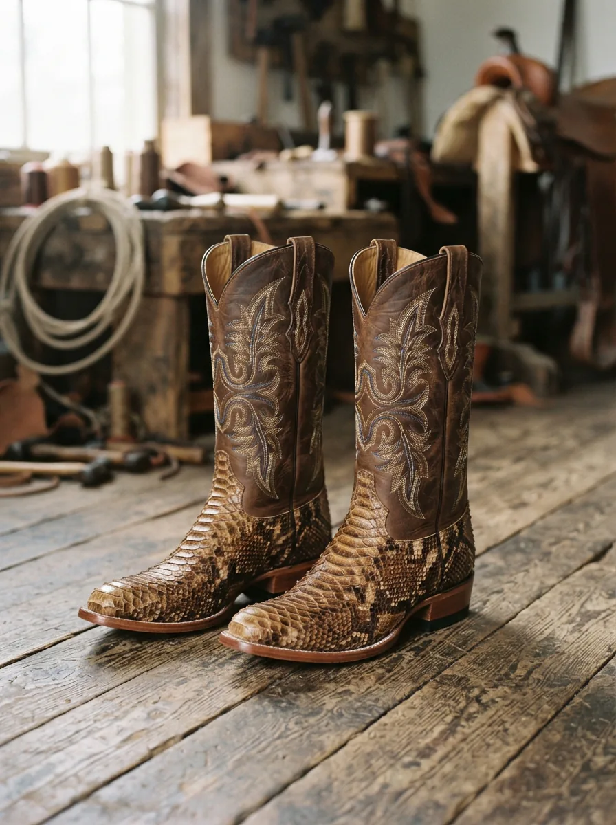 A pair of handcrafted Larry Mahan snakeskin cowboy boots with intricate tonal stitching, placed on a rustic wooden surface.