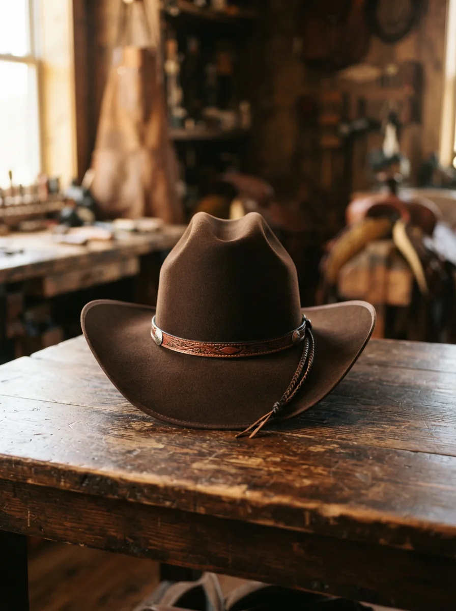 A Larry Mahan sombrero displayed prominently in a warm, rustic setting, showcasing its fine felt texture and expert shaping.