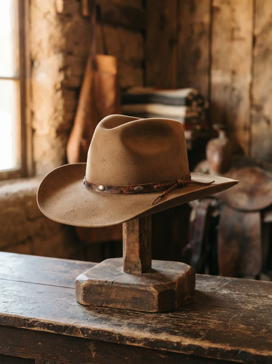A close-up view of a premium felt hat crown, highlighting the dense, smooth texture of the material and the precise stitching of the leather band.