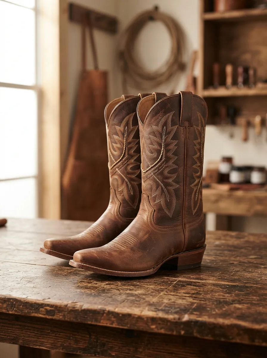 A detailed close-up of a pair of Larry Mahan Western boots crafted from rich brown leather with intricate hand-stitched shaft designs, resting on a worn wooden floor.