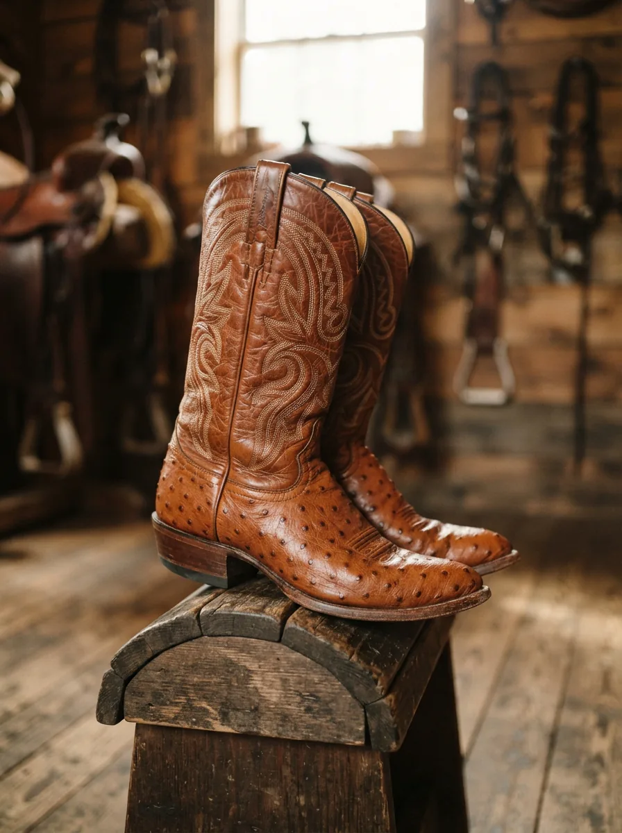 A pair of handcrafted Larry Mahan ostrich leather cowboy boots resting on a worn wooden saddle stand in a rustic tack room.