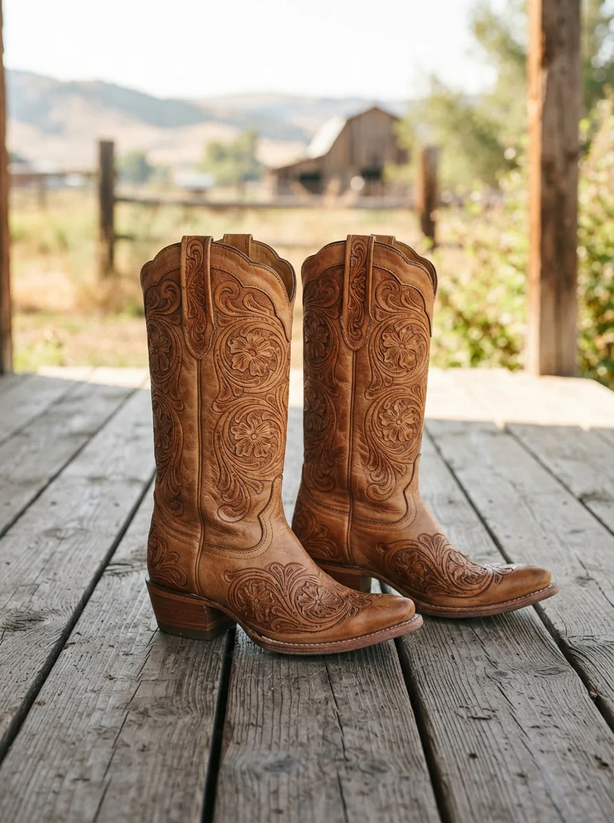 A pair of intricately handcrafted Larry Mahan cowgirl boots resting on weathered wood, showcasing detailed floral stitching and rich leather texture.